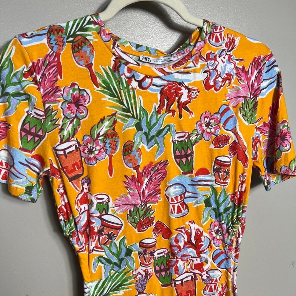 Zara Tropical Floral Cut Out Short Sleeve T-Shirt Dress Vacation Beach Medium - Picture 4 of 9